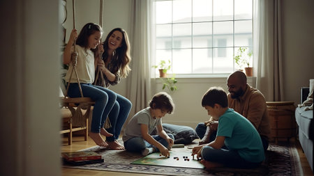 Happy family playing board games at home. Mother, father and children having fun together.の素材