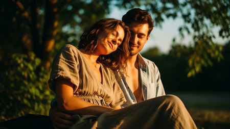 Young couple in love sitting on the grass in the park at sunsetの素材