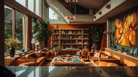 Interior of a modern coffee shop with vintage furniture and wooden wallsの素材