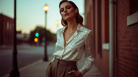 Portrait of a beautiful young brunette woman in a white blouse and beige skirt on the street.の素材