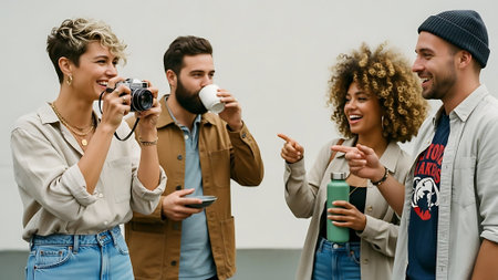 multiethnic friends taking photos with camera and drinking water isolated on greyの素材