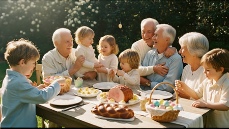 Grandparents with grandchildren celebrating easter in the garden. Selective focus.の素材