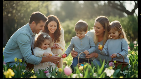 Happy family with two children and basket of colorful Easter eggs in the gardenの素材