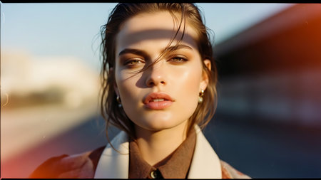 Portrait of a beautiful girl in a coat on the street.の素材