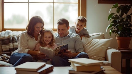 Happy family is reading a book and smiling while sitting on sofa at homeの素材