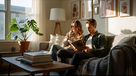 Young couple sitting on sofa at home, reading magazine and drinking coffeeの素材