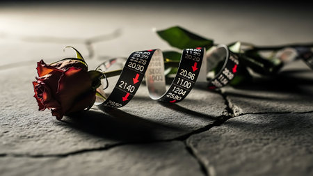 Vintage 35 mm film strip with red rose on wooden background.の素材