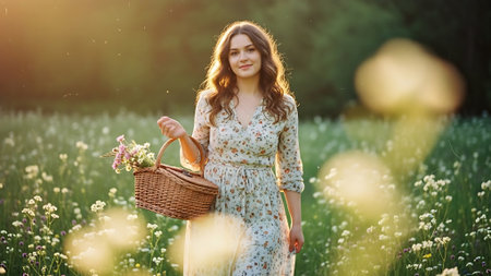 Beautiful young woman with basket of flowers in the meadow.の素材