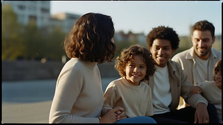 Portrait of happy family looking at camera and smiling while sitting outdoorsの素材