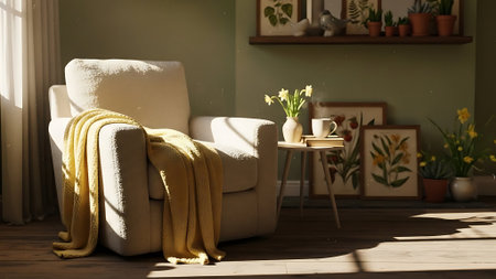 Comfortable armchair and coffee cup with yellow blanket in modern living roomの素材