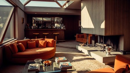 Interior of a modern hotel lobby with orange sofa and coffee tablesの素材