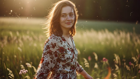 Portrait of a beautiful young woman in a field at sunset.の素材