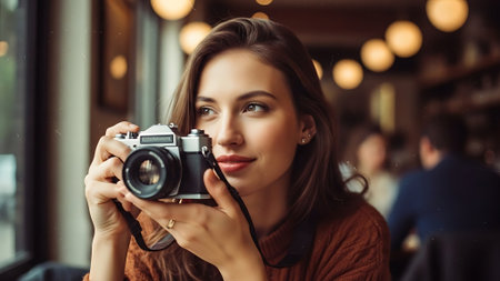 beautiful young woman taking picture with vintage camera in cafe, travel conceptの素材