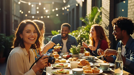 Group of happy young people having breakfast at the table in the cafeの素材