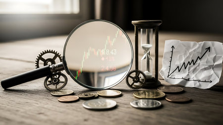 Time is money concept with clock, magnifying glass and coins.の素材