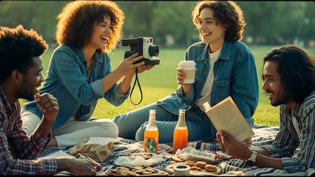 Group of young multiethnic friends having picnic in park. They are using a camera and smiling.の素材