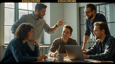 Group of young business people in smart casual wear working and communicating while sitting at the table in modern officeの素材