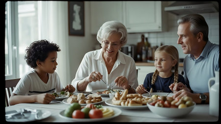 Happy family eating healthy food in the kitchen at home. Grandmother, grandfather and their children are having fun.の素材