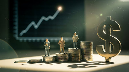 Miniature people standing on stack of coins with graph chart. Business and finance concept.の素材