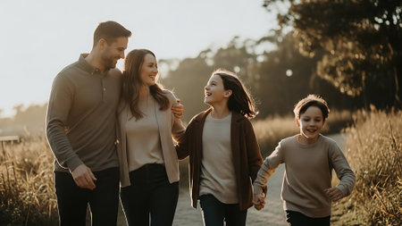 Happy family running in the park. Young parents and their daughters having fun outdoors.の素材