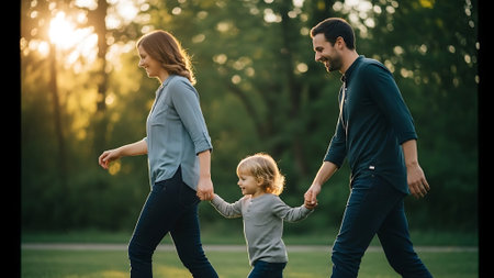 Happy family walking in the park. Father, mother and child.の素材
