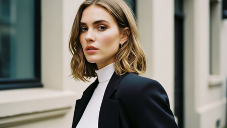 beautiful young woman in black suit walking on street, closeupの素材