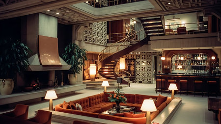 Interior of a luxury hotel lobby with a wooden staircase and a coffee tableの素材