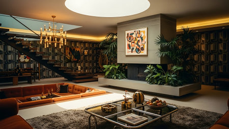 Interior of luxury living room with sofa, coffee table and bookshelfの素材