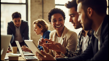 Group of multiethnic business people using digital tablet and laptop in modern officeの素材