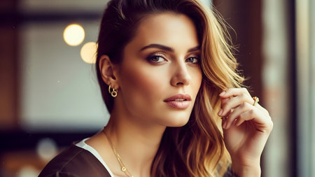 Portrait of beautiful young woman with makeup in fashion clothes. Beauty, fashion.の素材