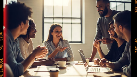 Group of young business people in smart casual wear working together in modern office.の素材