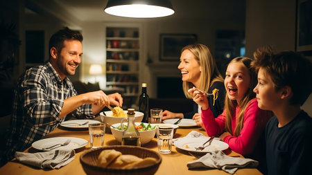 Happy family having dinner together at home. Mother, father and children eating pasta.の素材