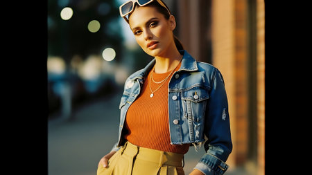 Fashion shot of a beautiful young woman in jeans jacket and sunglasses.の素材