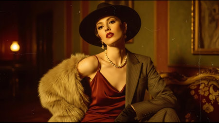 Portrait of a beautiful woman in a luxurious fur coat and hatの素材