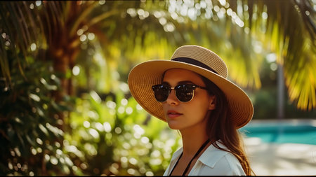 Young woman in hat and sunglasses on the background of palm trees. Vacation conceptの素材