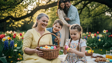 happy family with basket of easter eggs in garden at spring dayの素材