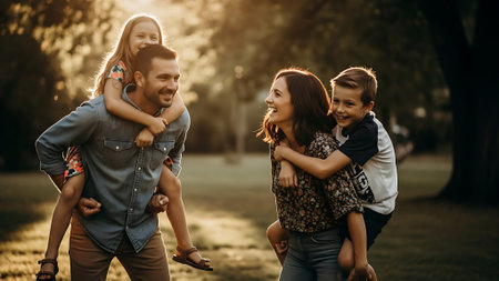 Happy family walking in the park. Mother, father and children having fun together.の素材