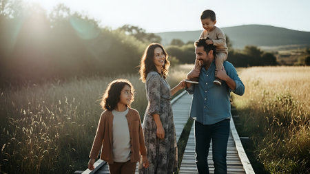 Happy family walking on a wooden bridge in the field at sunset.の素材