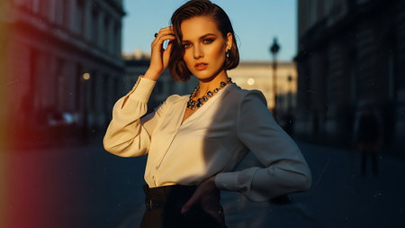 fashion outdoor photo of beautiful sensual woman with dark hair in elegant clothes posing in the cityの素材