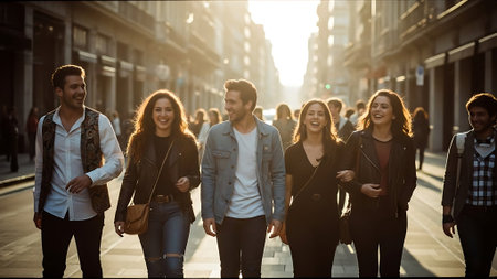 Group of young people walking in the city. People lifestyle concept.の素材