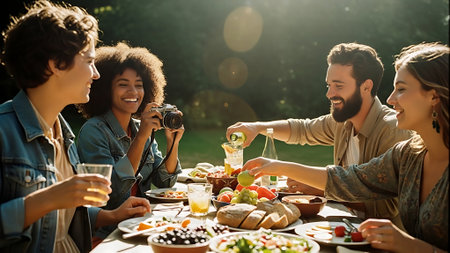 Group of young people having dinner together at the table outdoors. They are using a digital camera and smilingの素材