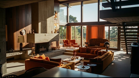 Interior of a modern living room with orange sofas.の素材