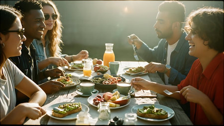 Group of diverse friends having dinner together at a table, drinking juice and eating sandwichesの素材