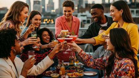 Group of friends toasting with drinks at rooftop party in New Yorkの素材
