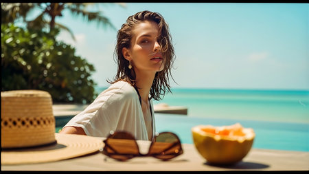 Young woman with sunglasses and fruits on the beach at Maldives.の素材