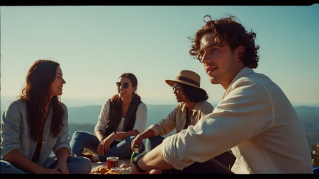 Group of friends having picnic on top of the mountain at sunset.の素材