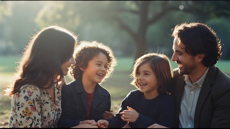 Happy family spending time together in the park. Mother, father and children having fun outdoors.の素材