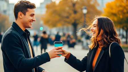 Young couple drinking coffee in the city. They are talking and smiling.の素材