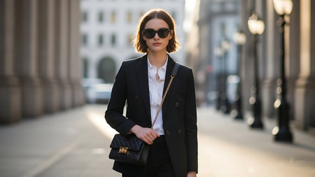 Beautiful young woman in black suit and sunglasses walking in the cityの素材