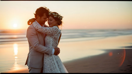 Wedding couple on the beach at sunset. Bride and groom at sunsetの素材
